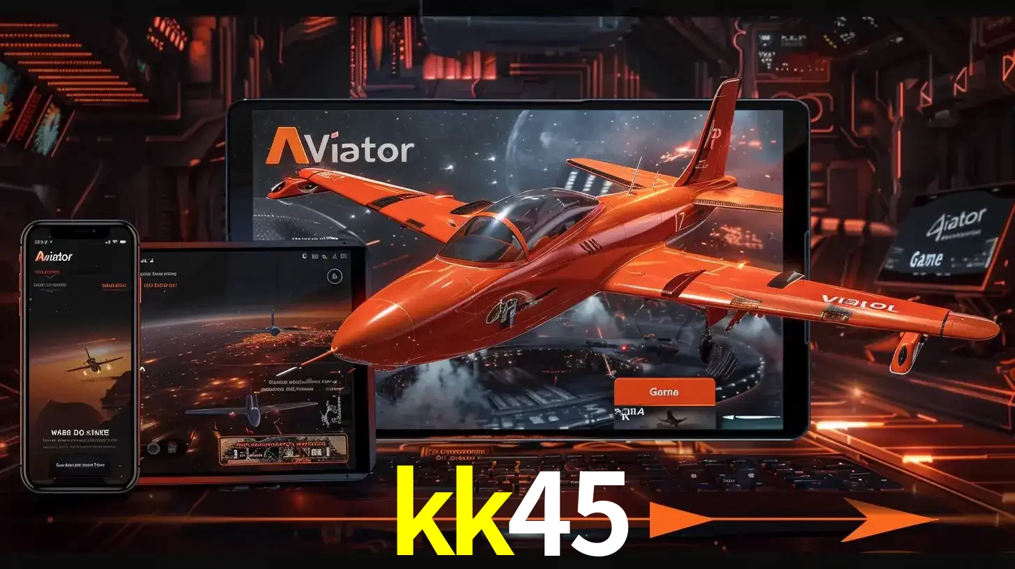 Apresentação tecnológica do jogo Aviator com um avião saindo da tela de um tablet, demonstrando a experiência imersiva em múltiplos dispositivos no kk45.