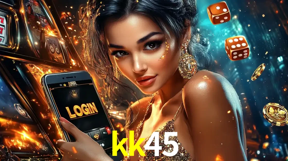 Mulher glamourosa segurando um celular com a tela de login do cassino kk45, rodeada por dados e moedas douradas, pronta para começar a diversão.