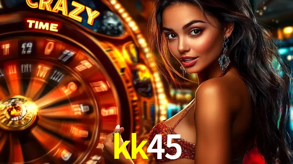 Mulher ao lado da roda de prêmios do jogo de cassino ao vivo Crazy Time, um dos shows de jogos mais emocionantes oferecidos pela plataforma de apostas kk45.