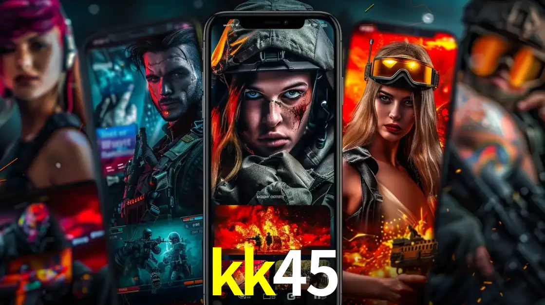 Montagem de telas de celular mostrando diversos personagens, masculinos e femininos, de um jogo de tiro, ilustrando a diversidade de equipes de e-sports para apostar no kk45.