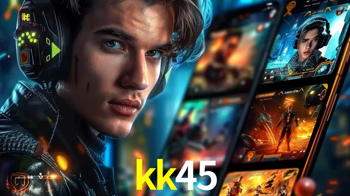 Jovem jogador com fones de ouvido olhando para a câmera, com um aplicativo de jogos e e-sports para celular ao fundo, pronto para a competição e apostas no kk45.