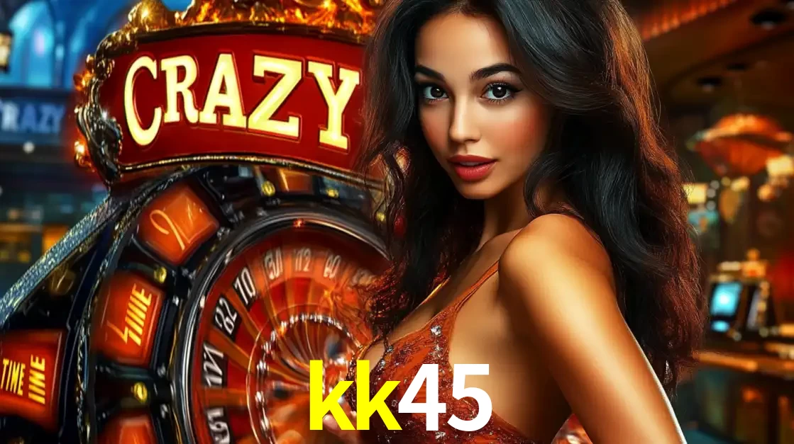 Mulher glamourosa olhando para a câmera com a roda vermelha do Crazy Time ao fundo em um ambiente de cassino, destacando a emoção dos jogos ao vivo no kk45.