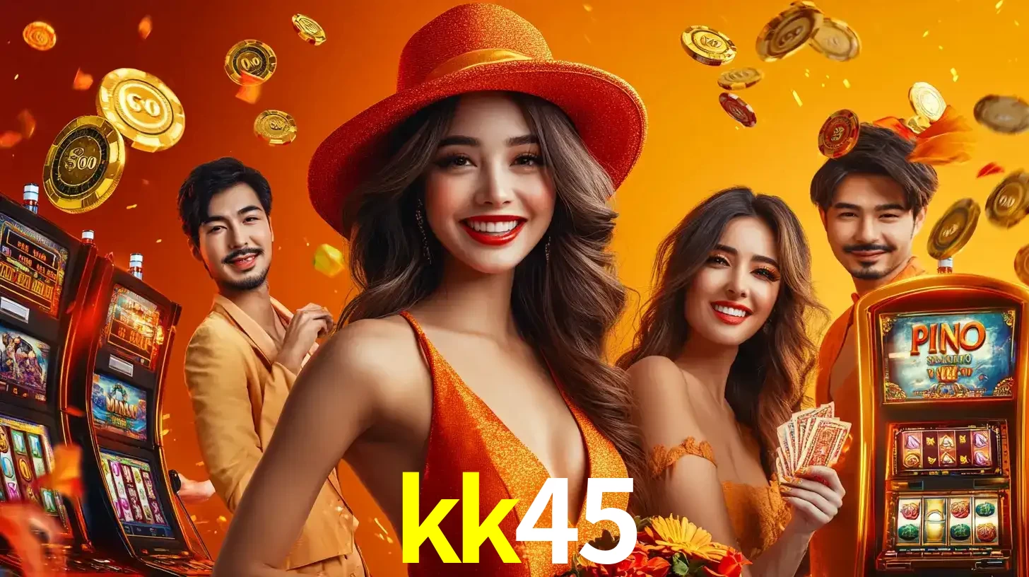 Grupo de amigos asiáticos sorrindo e se divertindo com máquinas de caça-níqueis em um ambiente festivo, celebrando suas vitórias nos jogos de cassino do kk45.