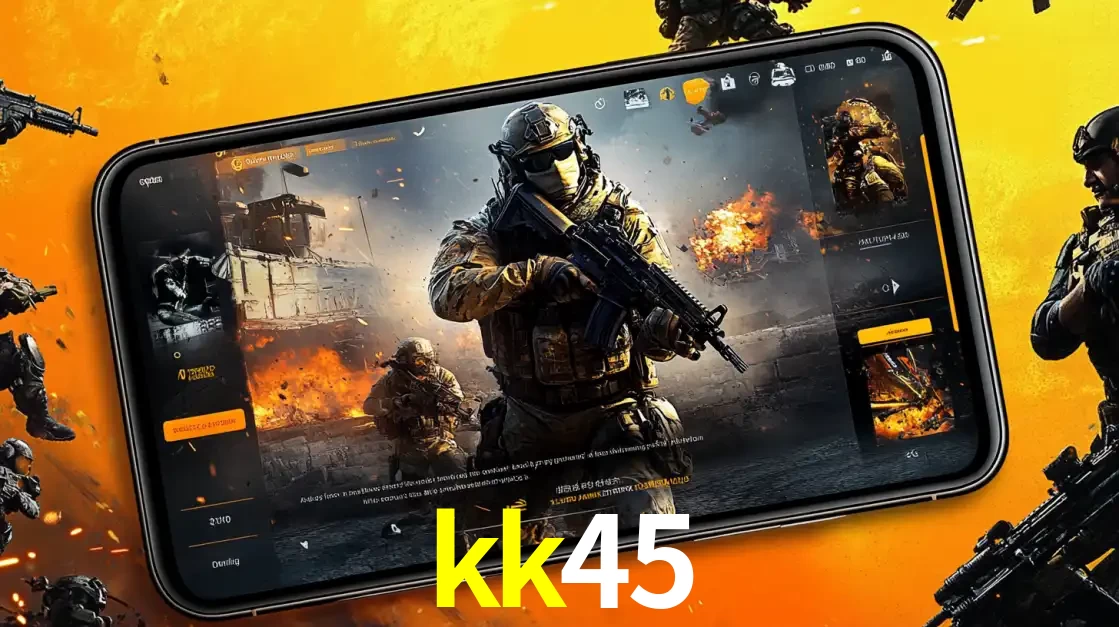 Um smartphone exibindo a interface de um jogo de tiro em primeira pessoa, com um soldado em um cenário de batalha, representando a ação dos e-sports para apostar no kk45.