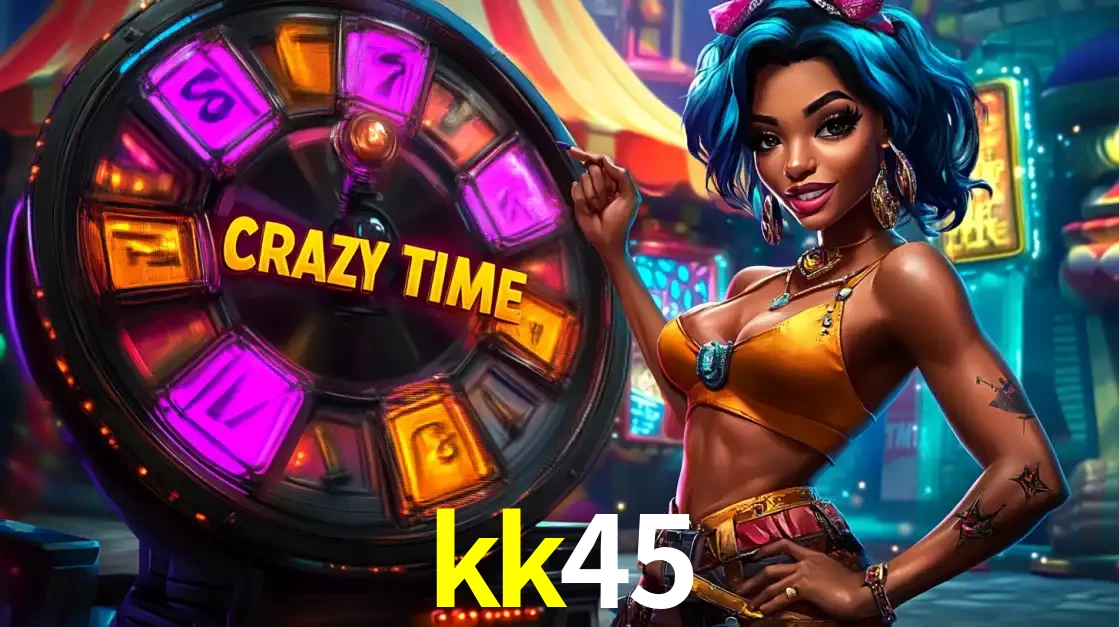 Mulher estilizada com cabelo azul e visual vibrante posando ao lado da roda de prêmios do game show Crazy Time, convidando para a diversão e os bônus do cassino kk45.