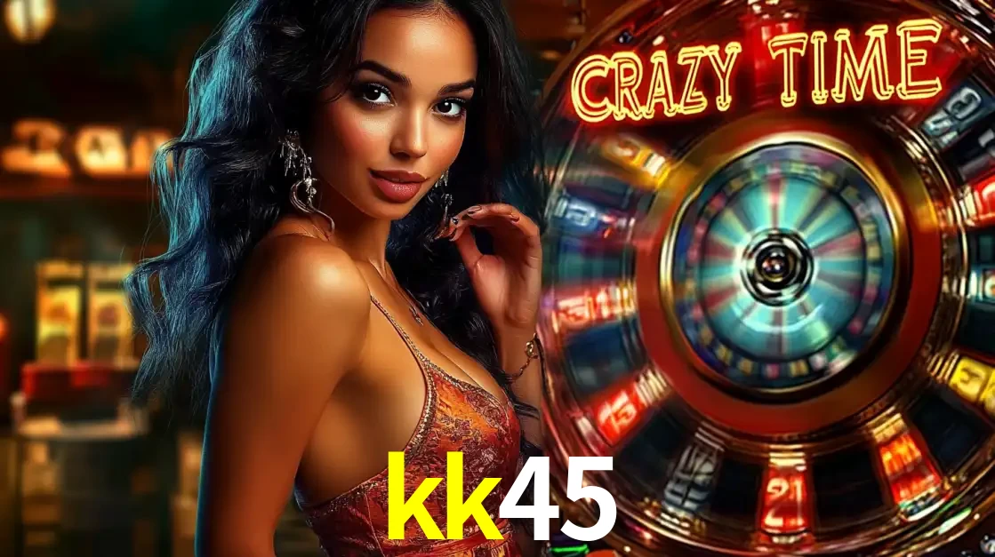Mulher elegante ao lado da vibrante roda da fortuna do jogo de cassino ao vivo Crazy Time, um dos game shows mais populares e cheios de prêmios do kk45.