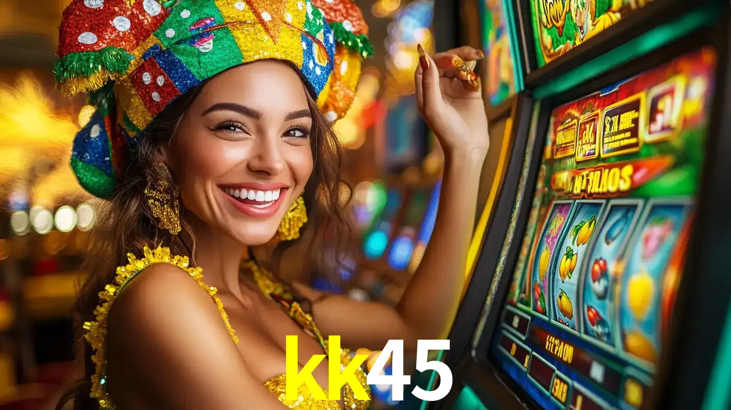 Mulher feliz com traje de carnaval amarelo e colorido ao lado de uma máquina de caça-níqueis, aproveitando a diversão e os jogos temáticos do cassino kk45.