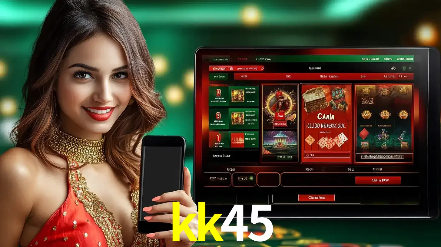 Mulher sorridente segurando um smartphone, ao lado de uma tela exibindo o lobby de jogos do cassino online kk45, com várias opções de jogos de cartas e slots.